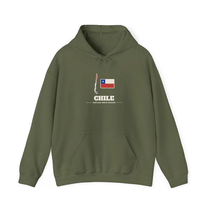 Chile Santiago North Mission Flag Map Hoodie in Military Green, front view with the flag map and mission name