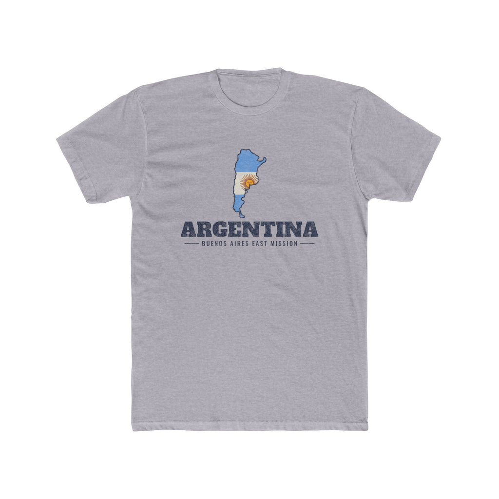 Argentina Buenos Aires East Mission Flag Map shirt in Heather Grey: flag of Argentina in the outline of Argentina with navy lettering, front view