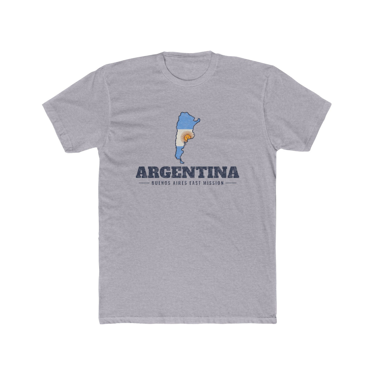 Argentina Buenos Aires East Mission Flag Map shirt in Heather Grey: flag of Argentina in the outline of Argentina with navy lettering, front view
