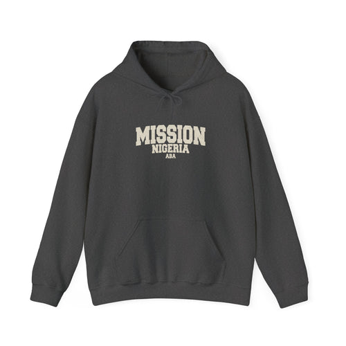 Nigeria Aba Mission Hoodie in Dark Heather, front view with the varsity mission design