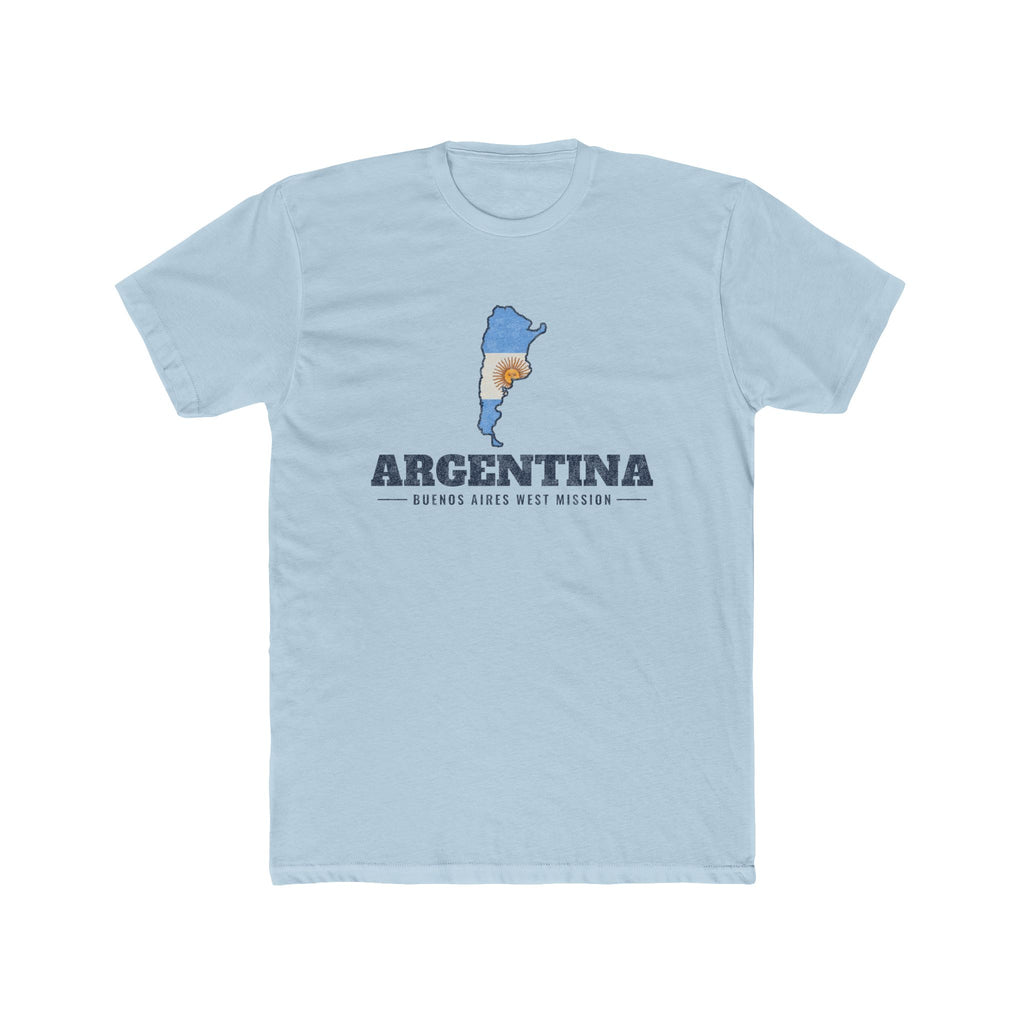 Argentina Buenos Aires West Mission Flag Map shirt in Desert Pink: flag of Argentina in the outline of Argentina with navy lettering, front view