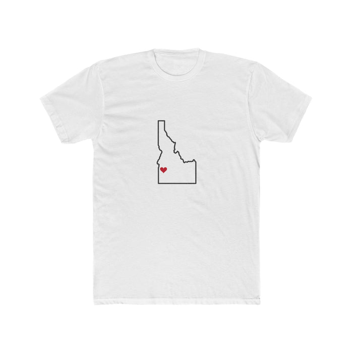 Idaho Boise Mission Heart Map shirt in White: Idaho outline with a red heart, front view
