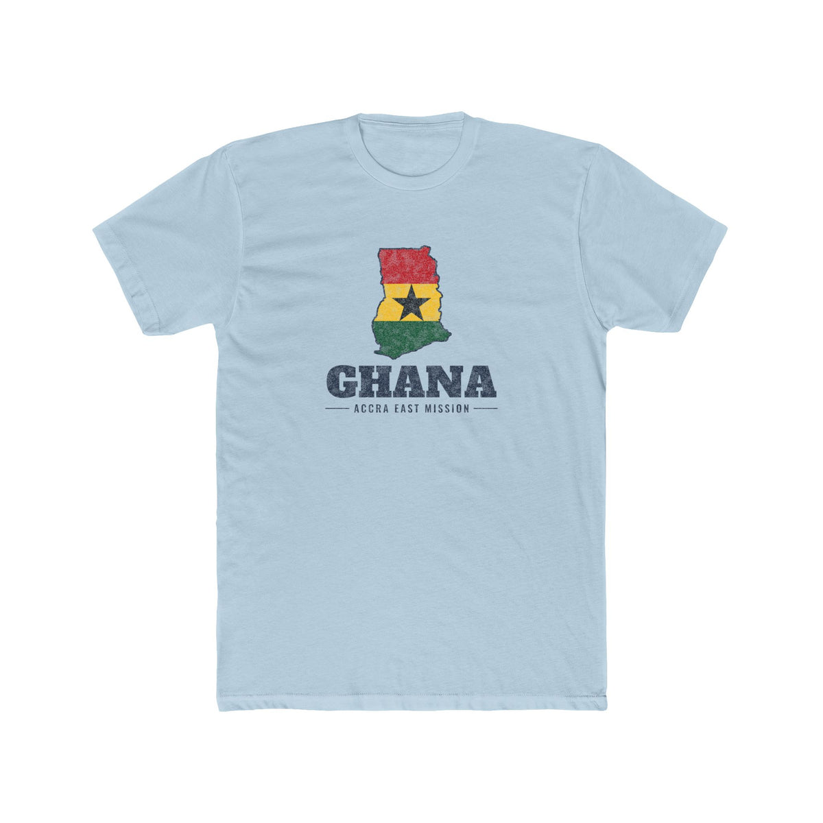 Ghana Accra East Mission Flag Map shirt in Desert Pink: flag of Ghana in the outline of Ghana with navy lettering, front view