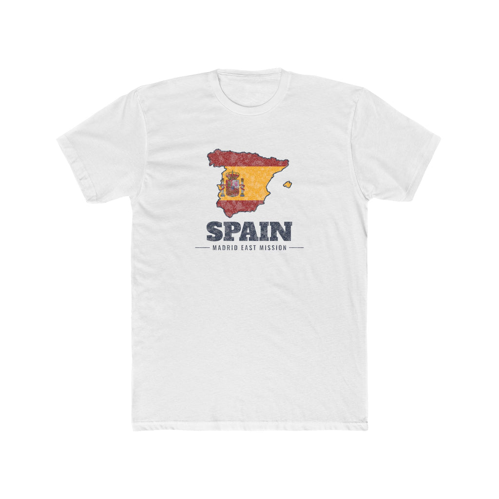 Spain Madrid East Mission Flag Map shirt in White: flag of Spain in the outline of Spain with navy lettering, front view
