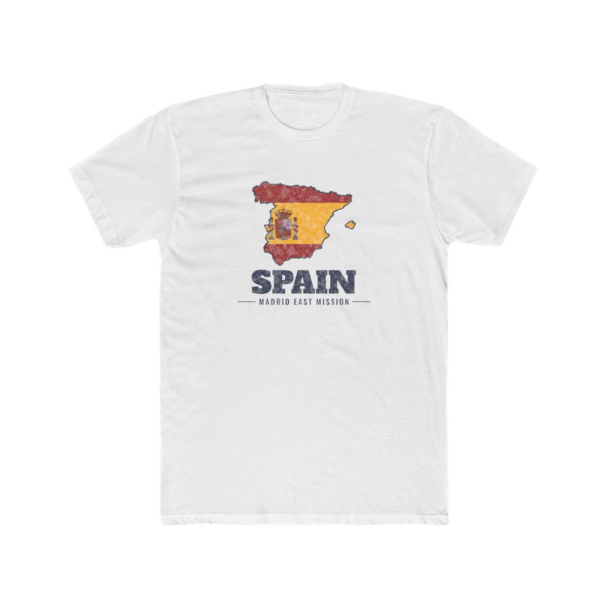 Spain Madrid East Mission Flag Map shirt in White: flag of Spain in the outline of Spain with navy lettering, front view