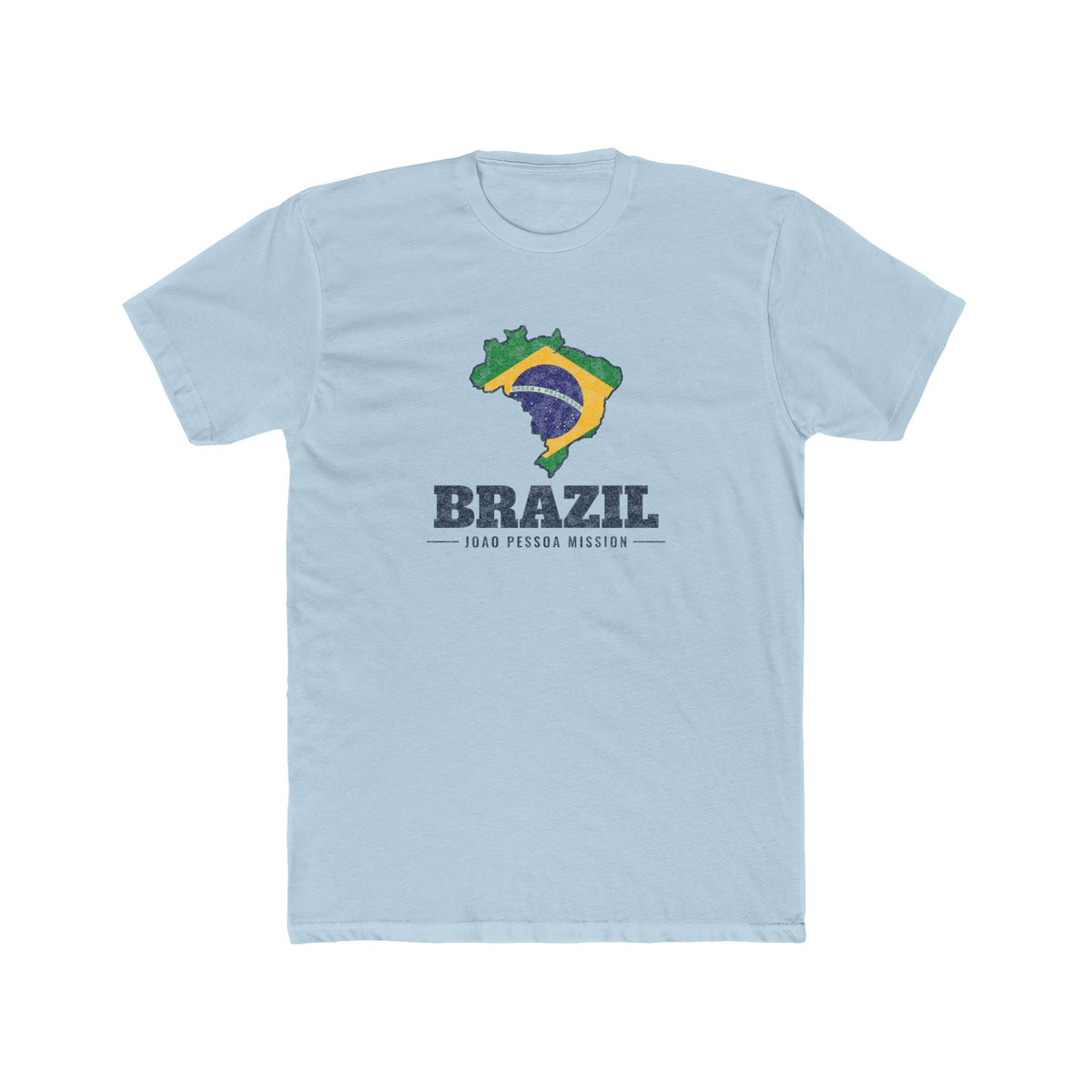 Brazil Joao Pessoa Mission Flag Map shirt in Desert Pink: flag of Brazil in the outline of Brazil with navy lettering, front view