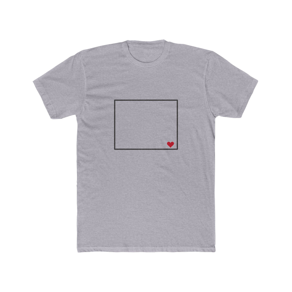 Wyoming Cheyenne Mission Heart Map shirt in Heather Grey: Wyoming outline with a red heart, front view