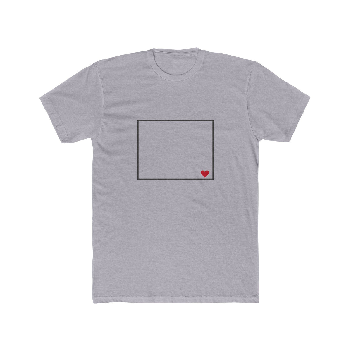 Wyoming Cheyenne Mission Heart Map shirt in Heather Grey: Wyoming outline with a red heart, front view