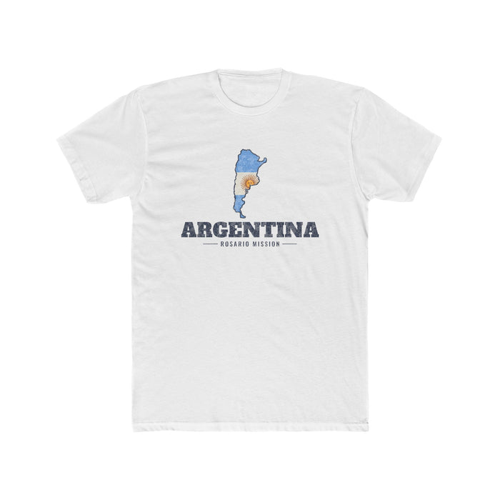 Argentina Rosario Mission Flag Map shirt in White: flag of Argentina in the outline of Argentina with navy lettering, front view