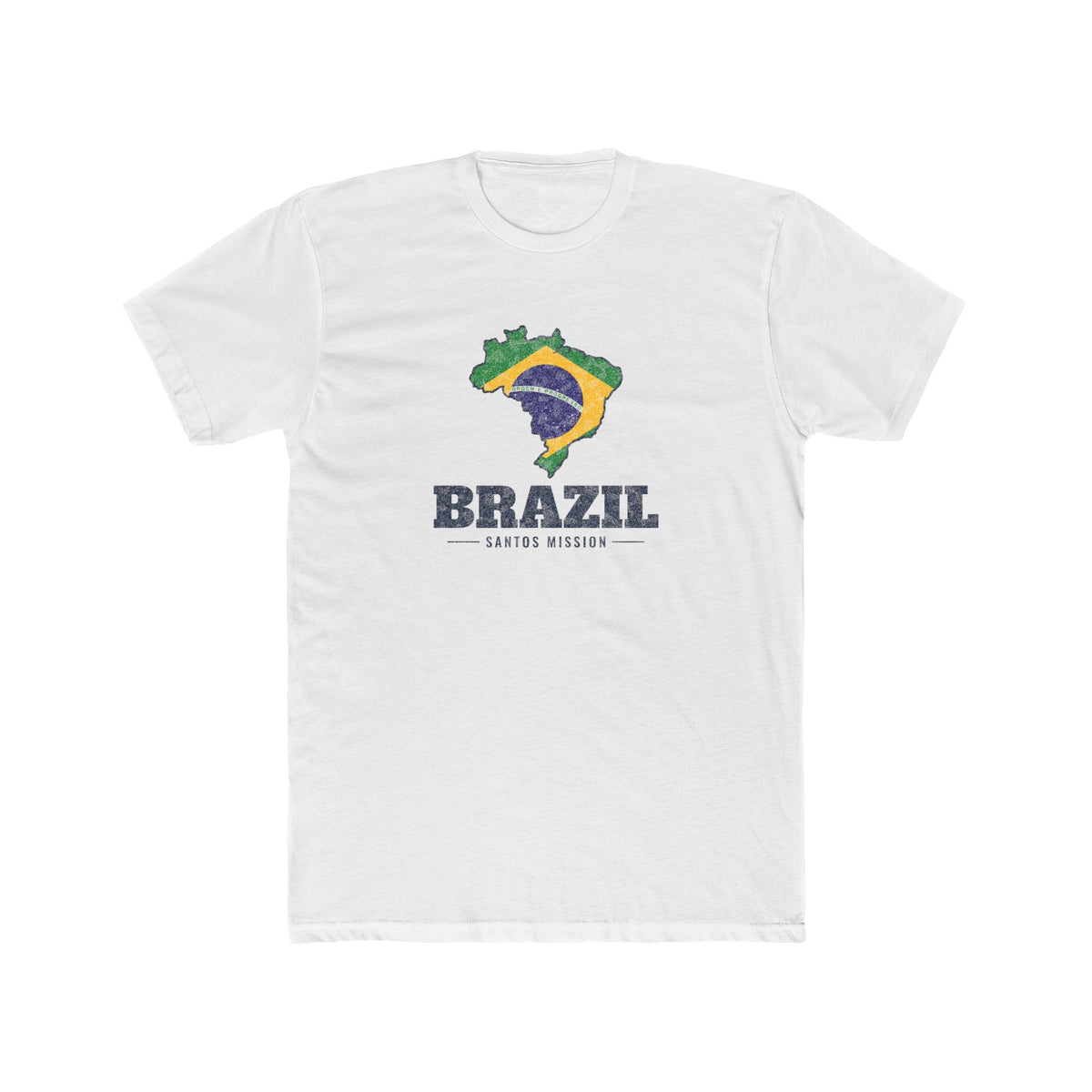 Brazil Santos Mission Flag Map shirt in White: flag of Brazil in the outline of Brazil with navy lettering, front view