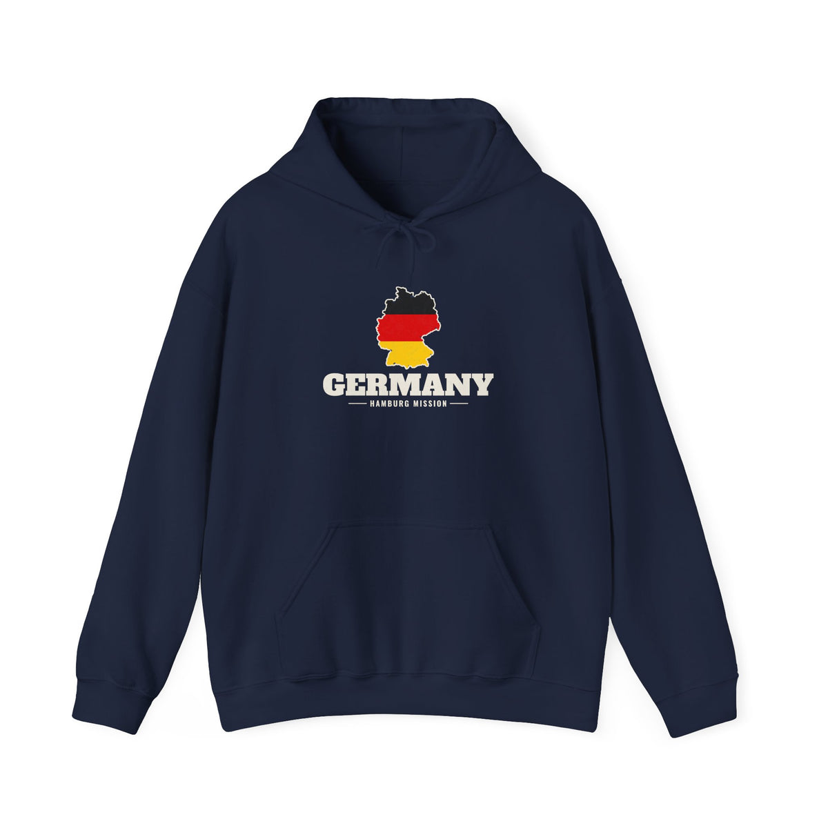 Germany Hamburg Mission Flag Map Hoodie in Navy, front view with the flag map and mission name
