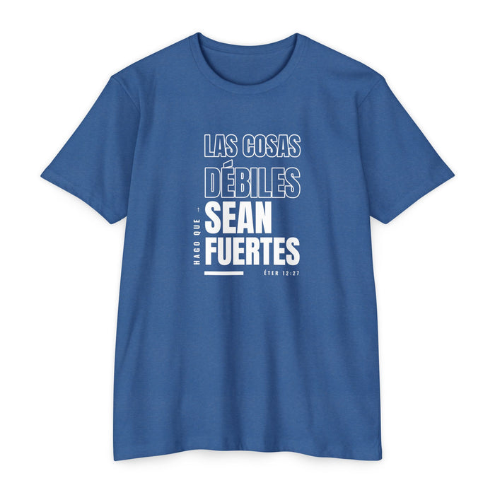 Weak Things Become Strong shirt in Spanish on Heather Cool Blue: “Hago que las cosas débiles sean fuertes”, Éter 12:27