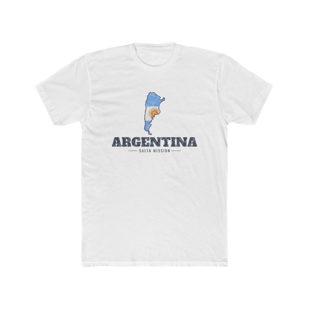 Argentina Salta Mission Flag Map shirt in White: flag of Argentina in the outline of Argentina with navy lettering, front view