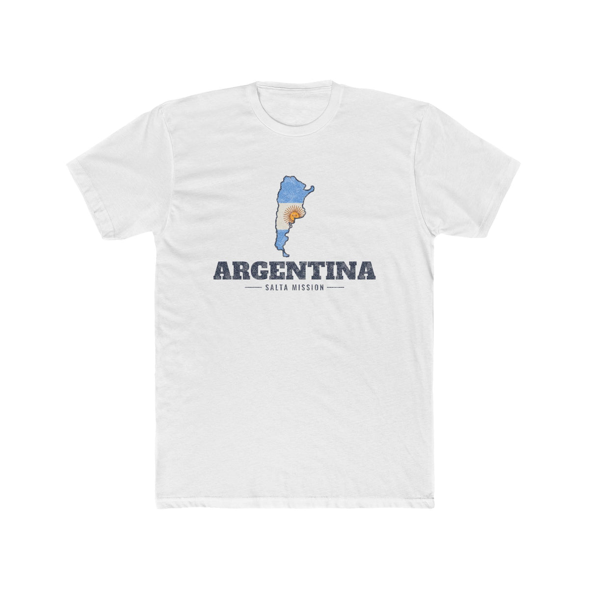 Argentina Salta Mission Flag Map shirt in White: flag of Argentina in the outline of Argentina with navy lettering, front view