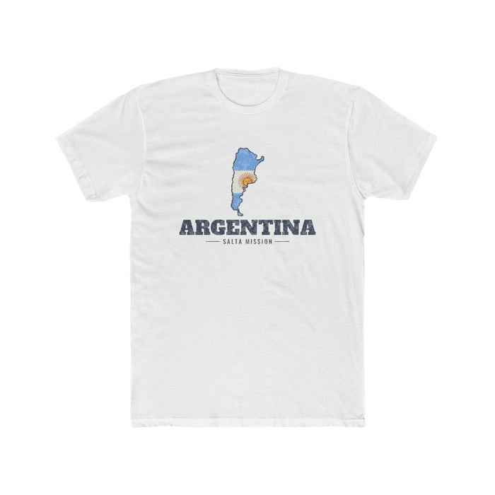 Argentina Salta Mission Flag Map shirt in White: flag of Argentina in the outline of Argentina with navy lettering, front view