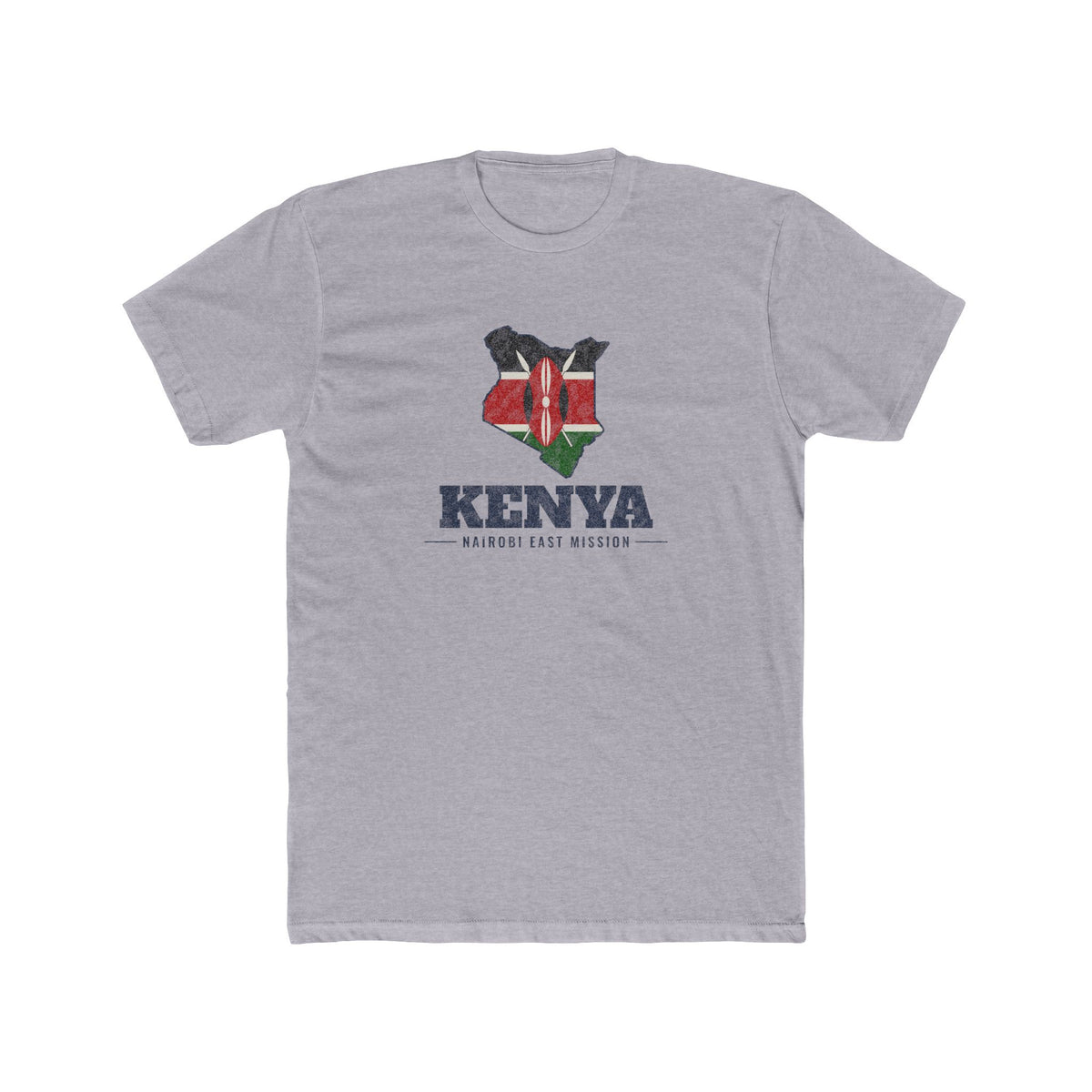 Kenya Nairobi East Mission Flag Map shirt in Heather Grey: flag of Kenya in the outline of Kenya with navy lettering, front view