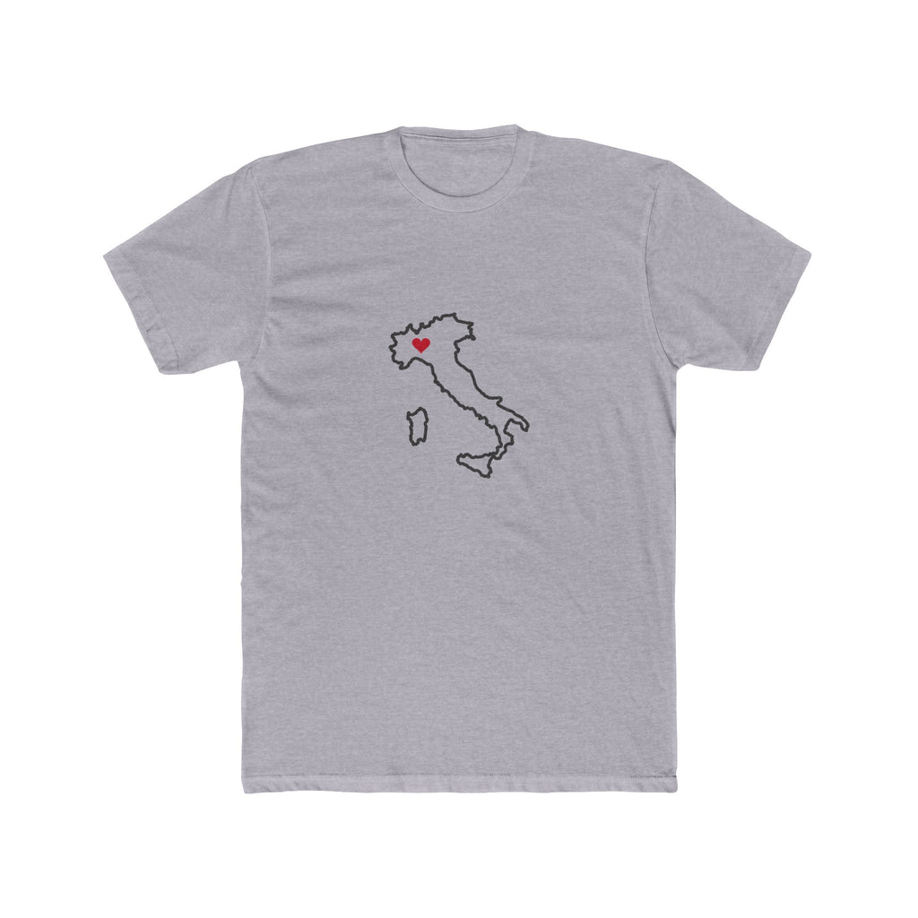 Italy Milan Mission Heart Map shirt in Heather Grey: Italy outline with a red heart, front view
