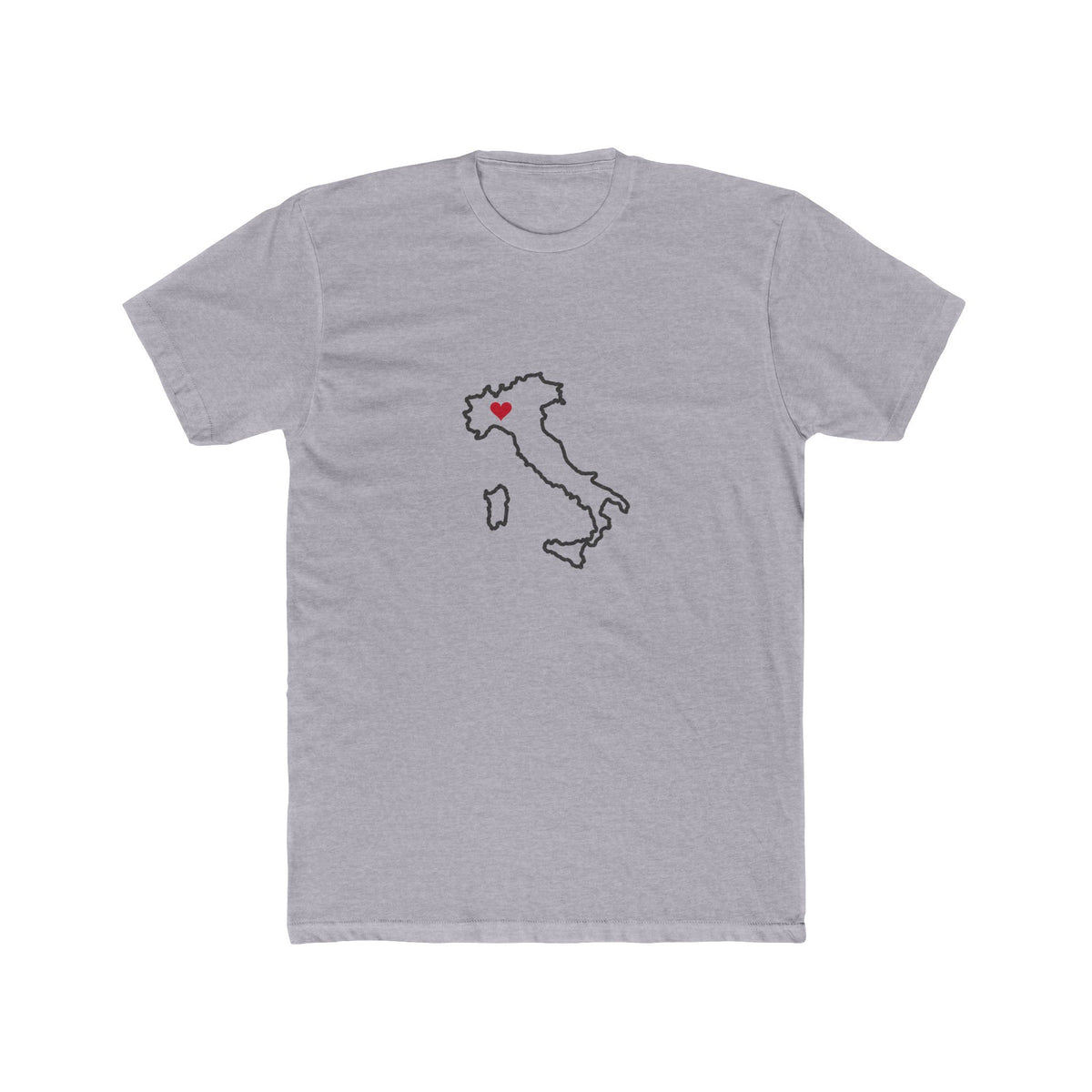 Italy Milan Mission Heart Map shirt in Heather Grey: Italy outline with a red heart, front view