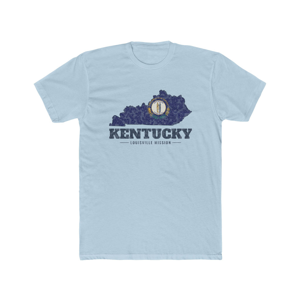 Kentucky Louisville Mission Flag Map shirt in Desert Pink: Kentucky state flag in the outline of Kentucky with navy lettering, front view