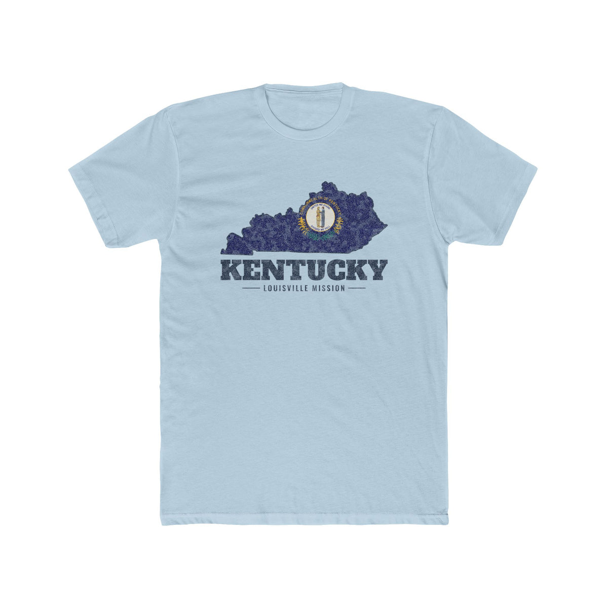 Kentucky Louisville Mission Flag Map shirt in Desert Pink: Kentucky state flag in the outline of Kentucky with navy lettering, front view