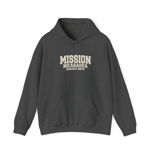 Nicaragua Managua North Mission Hoodie in Dark Heather, front view with the varsity mission design