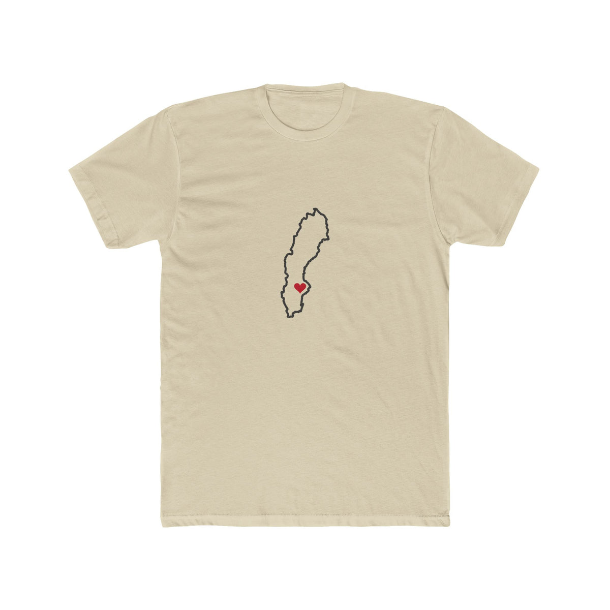 Sweden Stockholm Mission Heart Map shirt in Cream: Sweden outline with a red heart, front view
