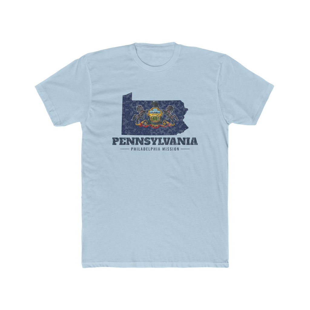 Pennsylvania Philadelphia Mission Flag Map shirt in Desert Pink: Pennsylvania state flag in the outline of Pennsylvania with navy lettering, front view