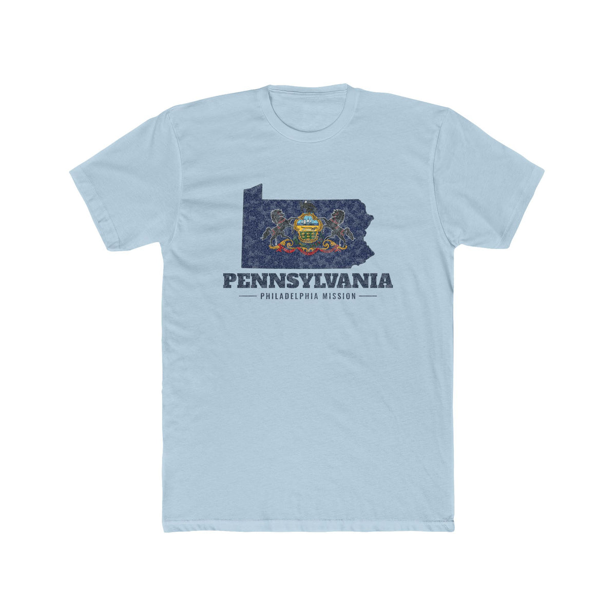 Pennsylvania Philadelphia Mission Flag Map shirt in Desert Pink: Pennsylvania state flag in the outline of Pennsylvania with navy lettering, front view