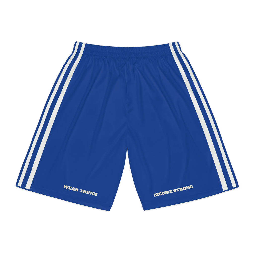 Oklahoma Tulsa Mission Basketball Shorts, back view with WEAK THINGS and BECOME STRONG on the legs