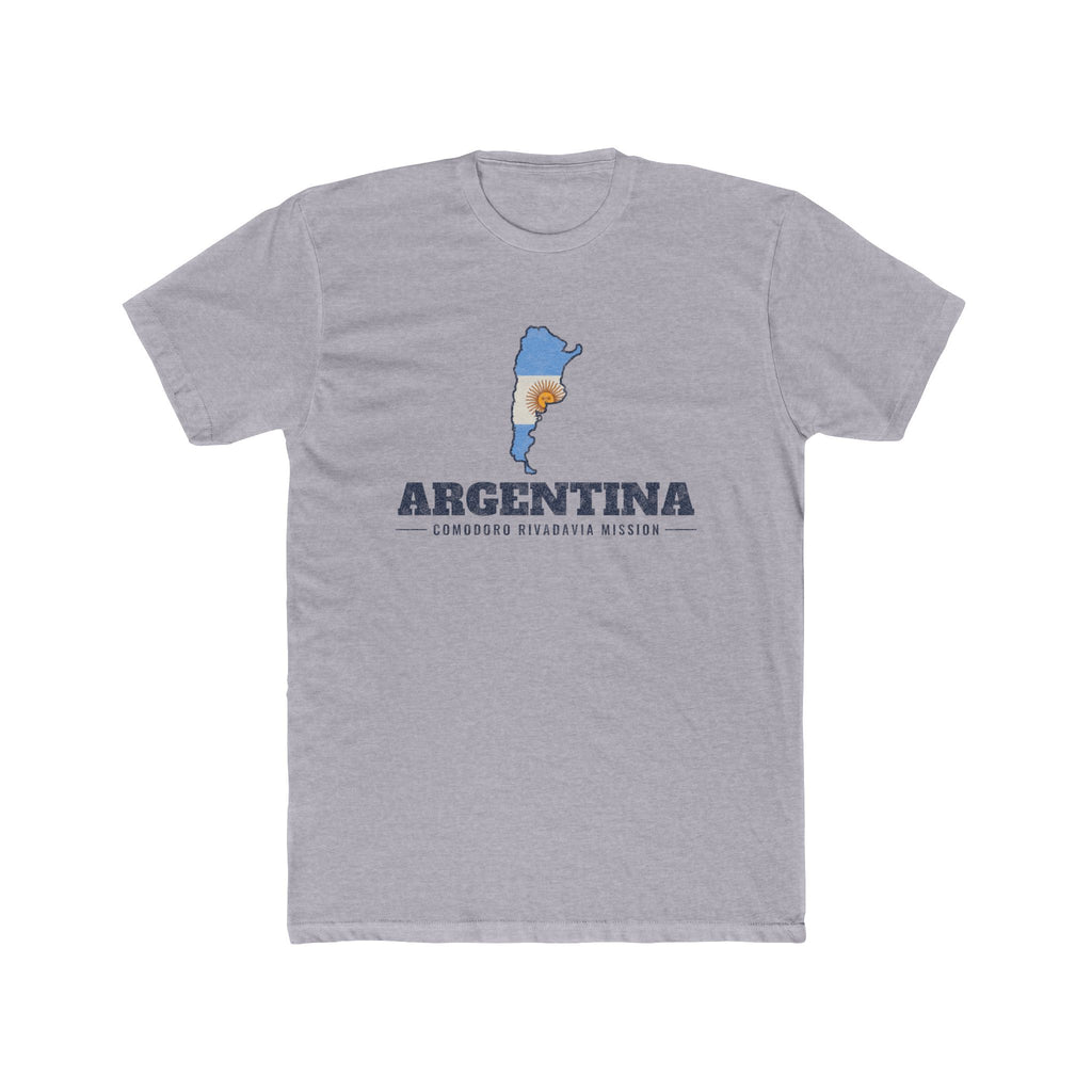 Argentina Comodoro Rivadavia Mission Flag Map shirt in Heather Grey: flag of Argentina in the outline of Argentina with navy lettering, front view
