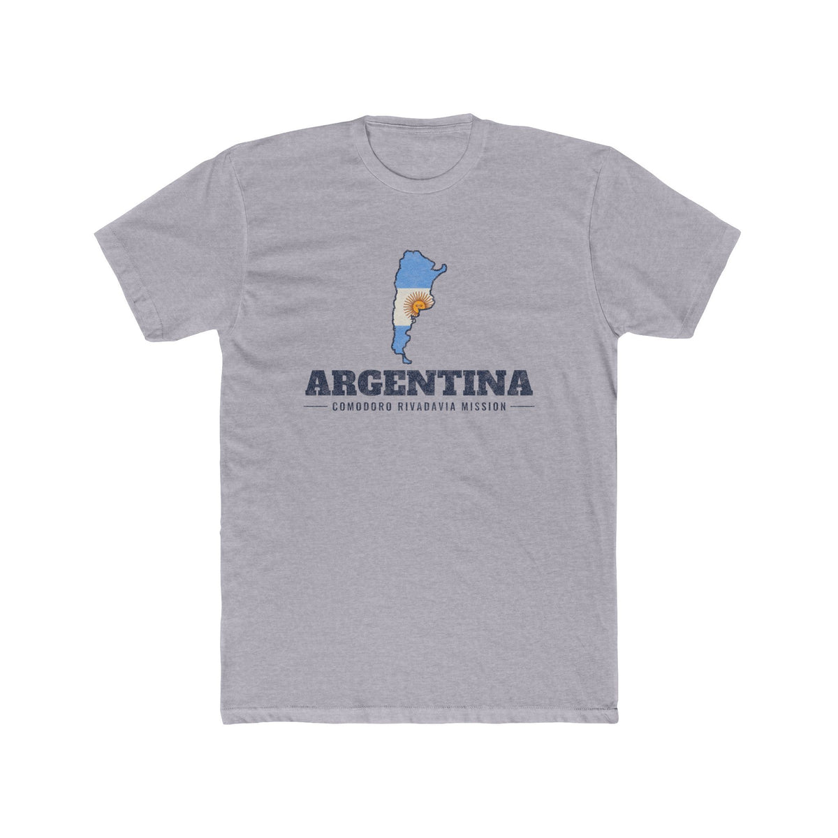 Argentina Comodoro Rivadavia Mission Flag Map shirt in Heather Grey: flag of Argentina in the outline of Argentina with navy lettering, front view
