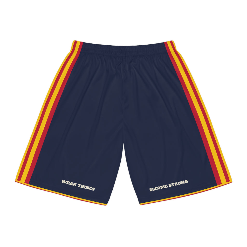 Arizona Phoenix East Mission Basketball Shorts, back view with WEAK THINGS and BECOME STRONG on the legs