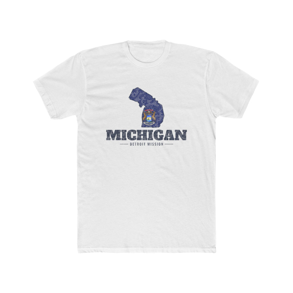 Michigan Detroit Mission Flag Map shirt in White: Michigan state flag in the outline of Michigan with navy lettering, front view