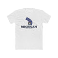 Michigan Detroit Mission Flag Map shirt in White: Michigan state flag in the outline of Michigan with navy lettering, front view