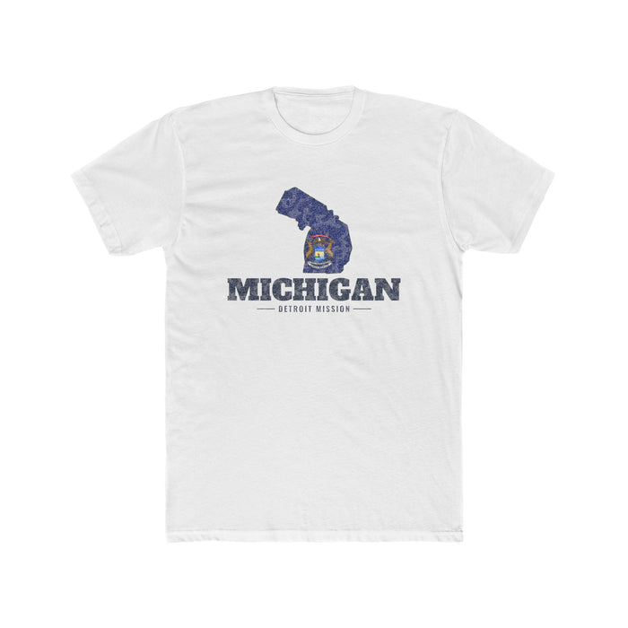 Michigan Detroit Mission Flag Map shirt in White: Michigan state flag in the outline of Michigan with navy lettering, front view