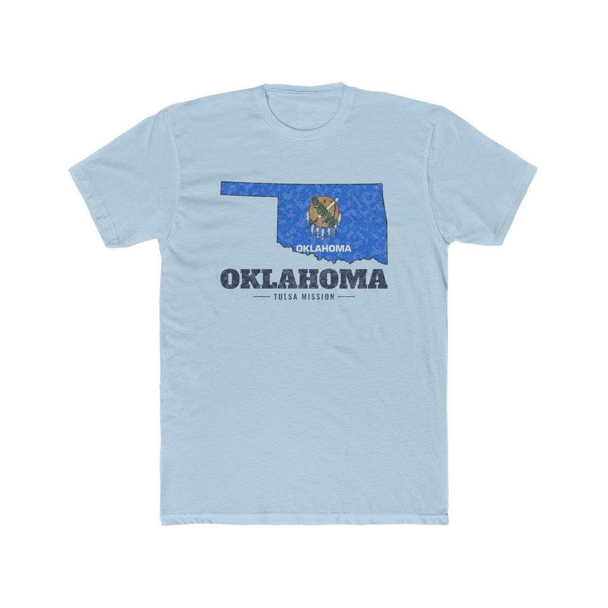 Oklahoma Tulsa Mission Flag Map shirt in Desert Pink: Oklahoma state flag in the outline of Oklahoma with navy lettering, front view