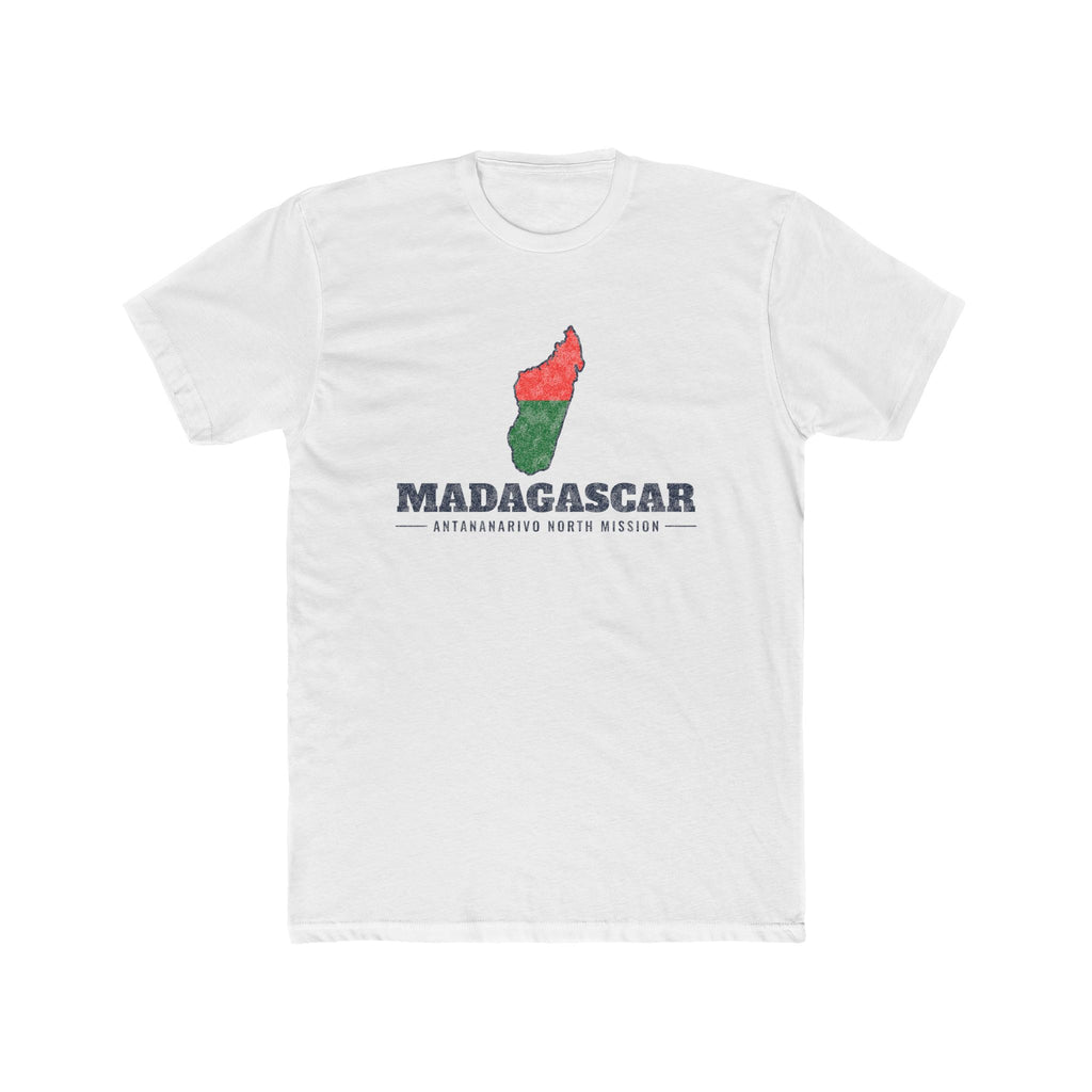 Madagascar Antananarivo North Mission Flag Map shirt in White: flag of Madagascar in the outline of Madagascar with navy lettering, front view