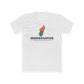 Madagascar Antananarivo North Mission Flag Map shirt in White: flag of Madagascar in the outline of Madagascar with navy lettering, front view
