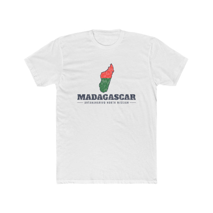 Madagascar Antananarivo North Mission Flag Map shirt in White: flag of Madagascar in the outline of Madagascar with navy lettering, front view