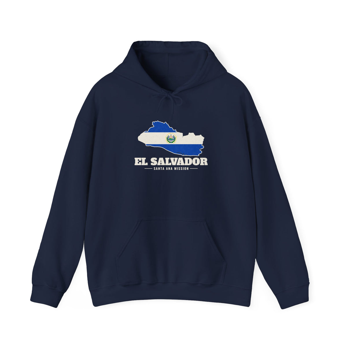 El Salvador Santa Ana Mission Flag Map Hoodie in Navy, front view with the flag map and mission name