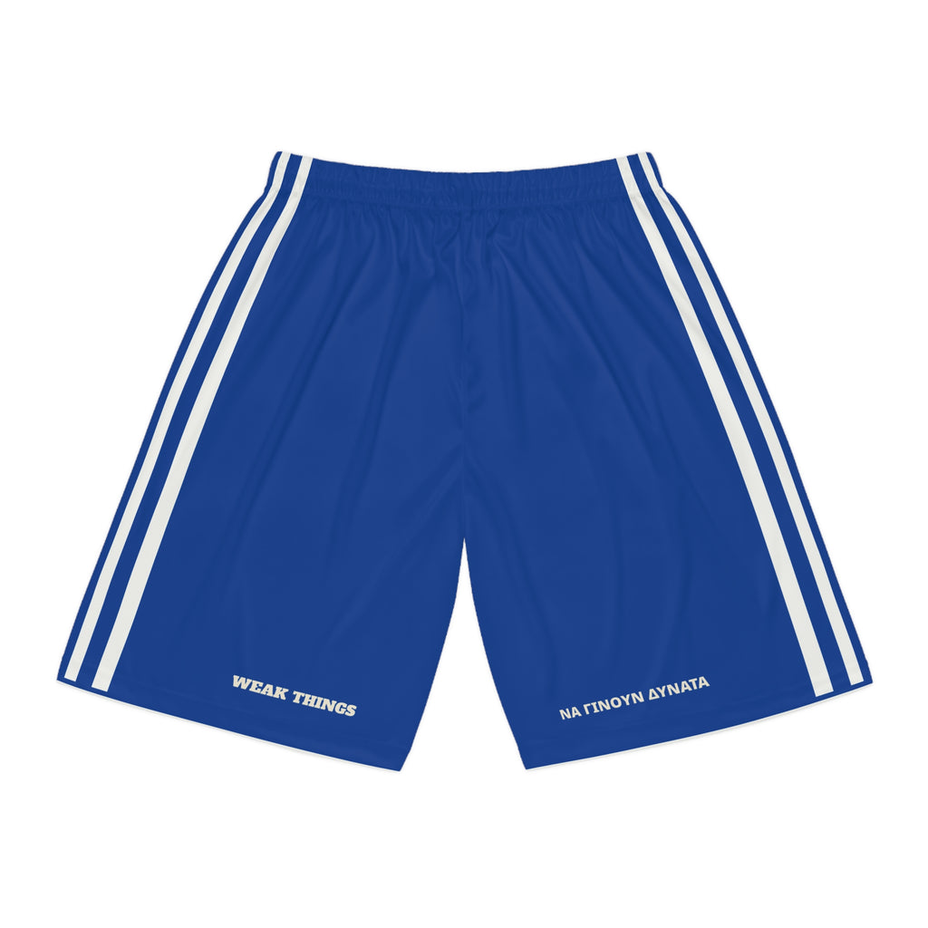 Greece Athens Mission Basketball Shorts, back view with WEAK THINGS and ΝΑ ΓΙΝΟΥΝ ΔΥΝΑΤΑ on the legs