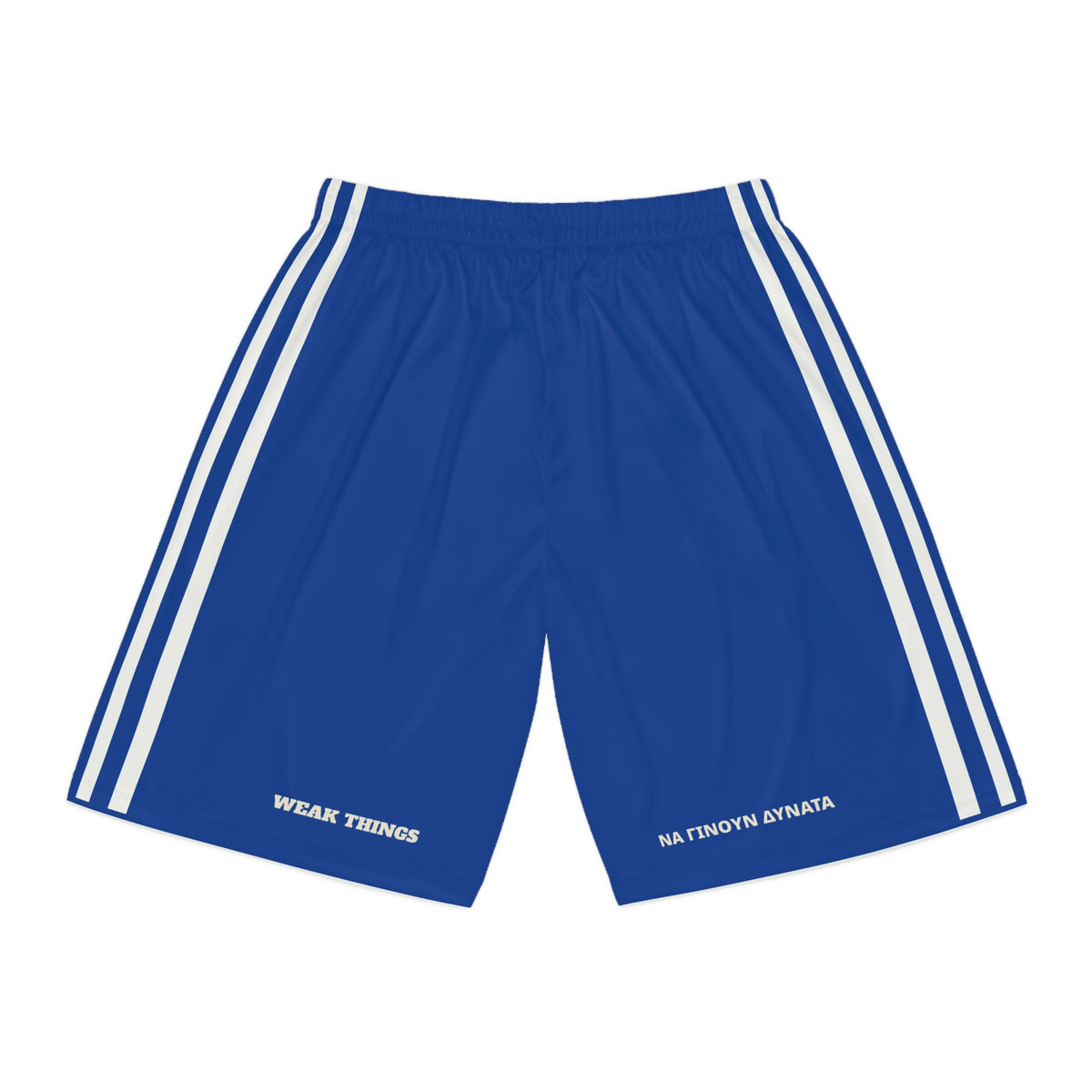 Greece Athens Mission Basketball Shorts, back view with WEAK THINGS and ΝΑ ΓΙΝΟΥΝ ΔΥΝΑΤΑ on the legs