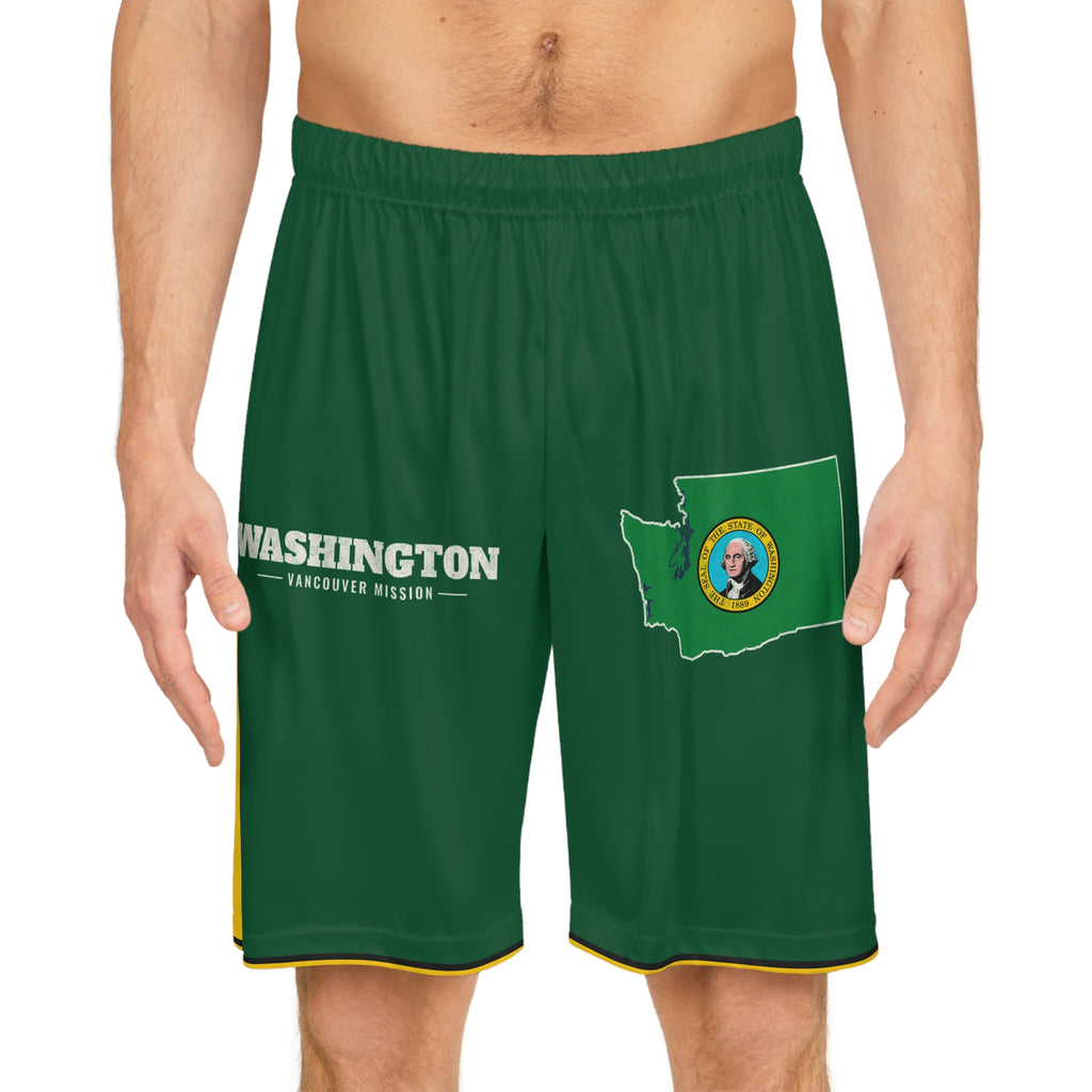 Washington Vancouver Mission Basketball Shorts, worn, front view