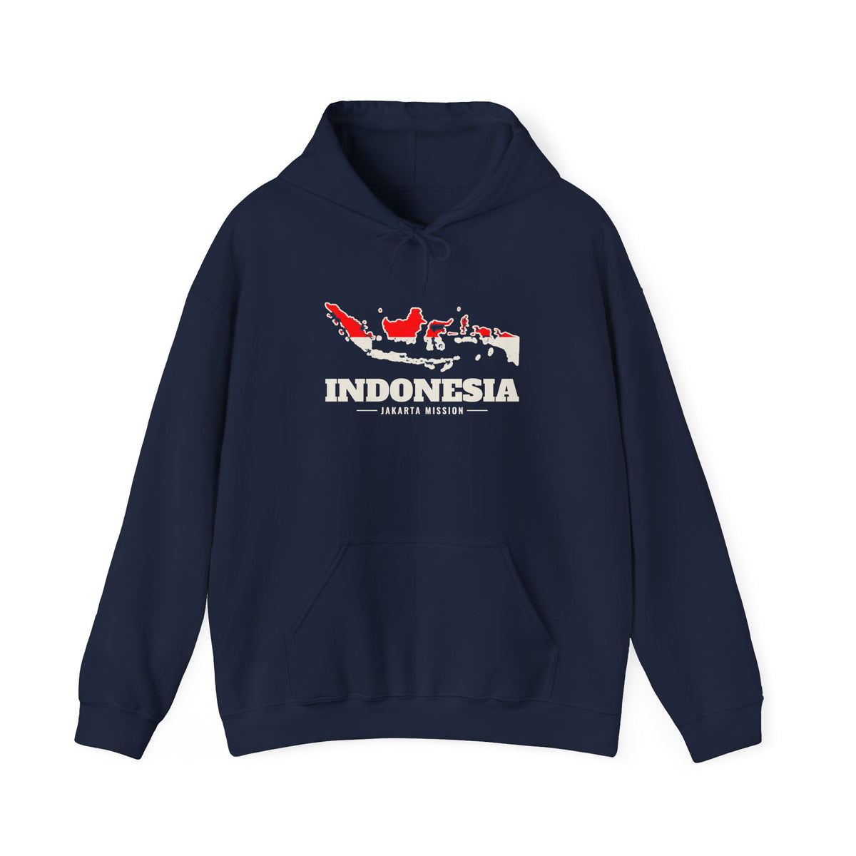 Indonesia Jakarta Mission Flag Map Hoodie in Navy, front view with the flag map and mission name