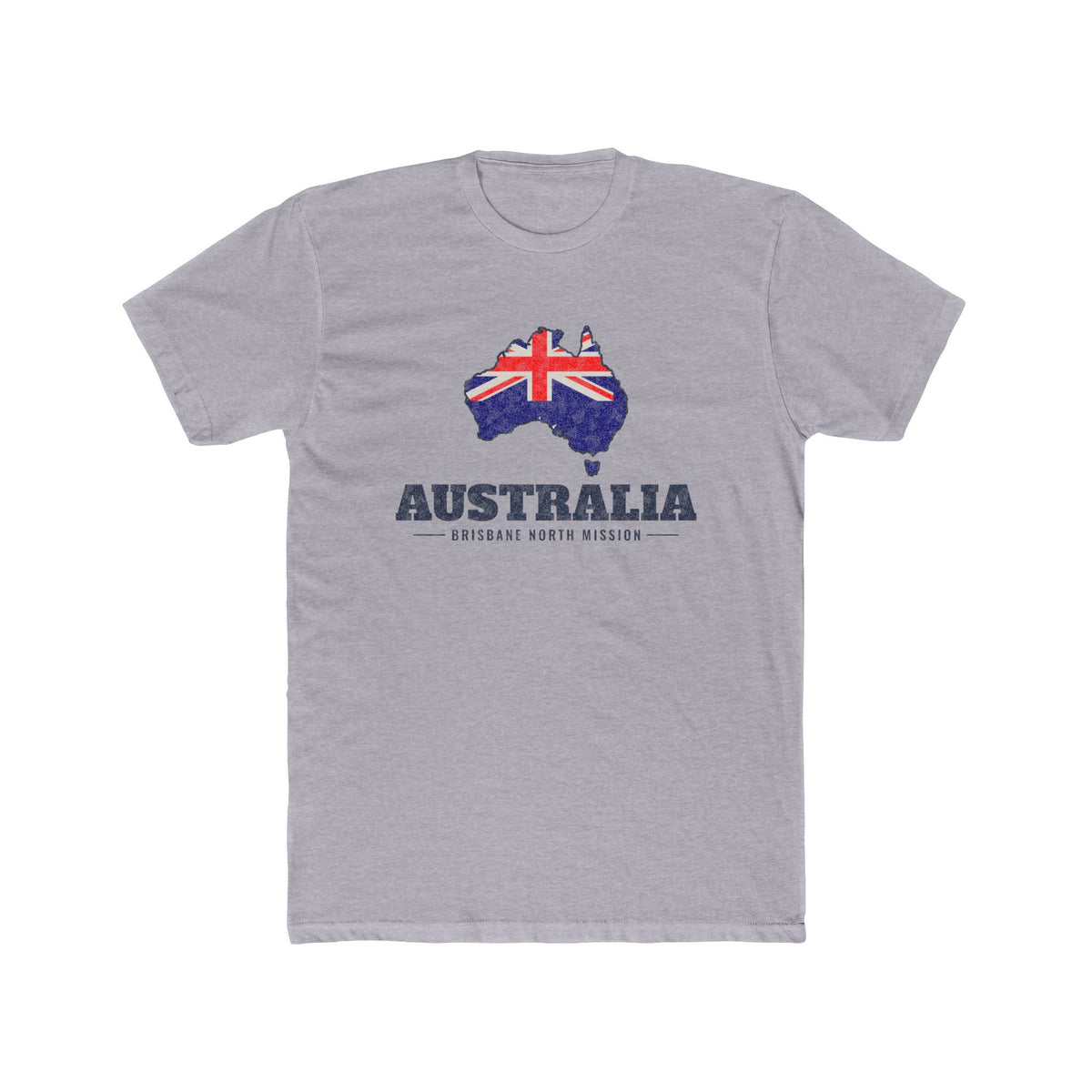 Australia Brisbane North Mission Flag Map shirt in Heather Grey: flag of Australia in the outline of Australia with navy lettering, front view