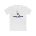 California Modesto Mission Flag Map shirt in White: California state flag in the outline of California with navy lettering, front view