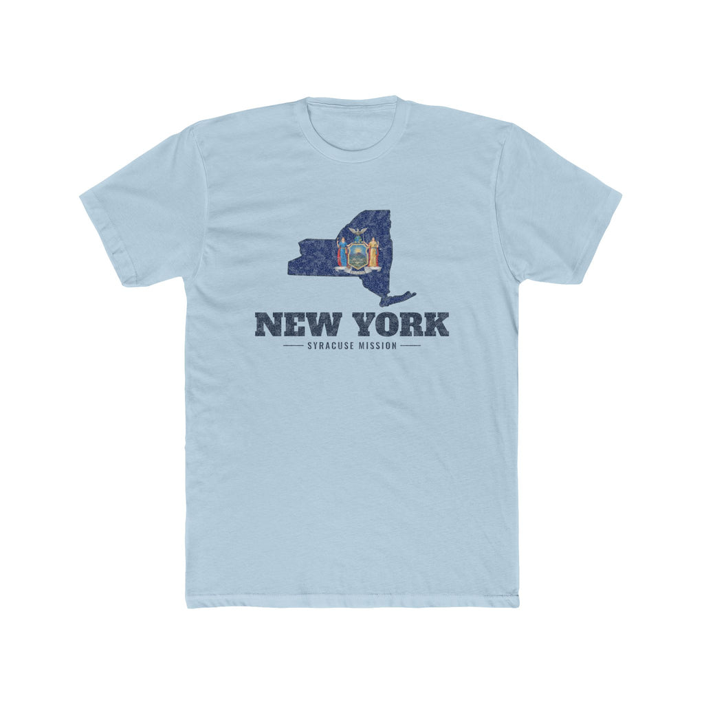 New York Syracuse Mission Flag Map shirt in Desert Pink: New York state flag in the outline of New York with navy lettering, front view