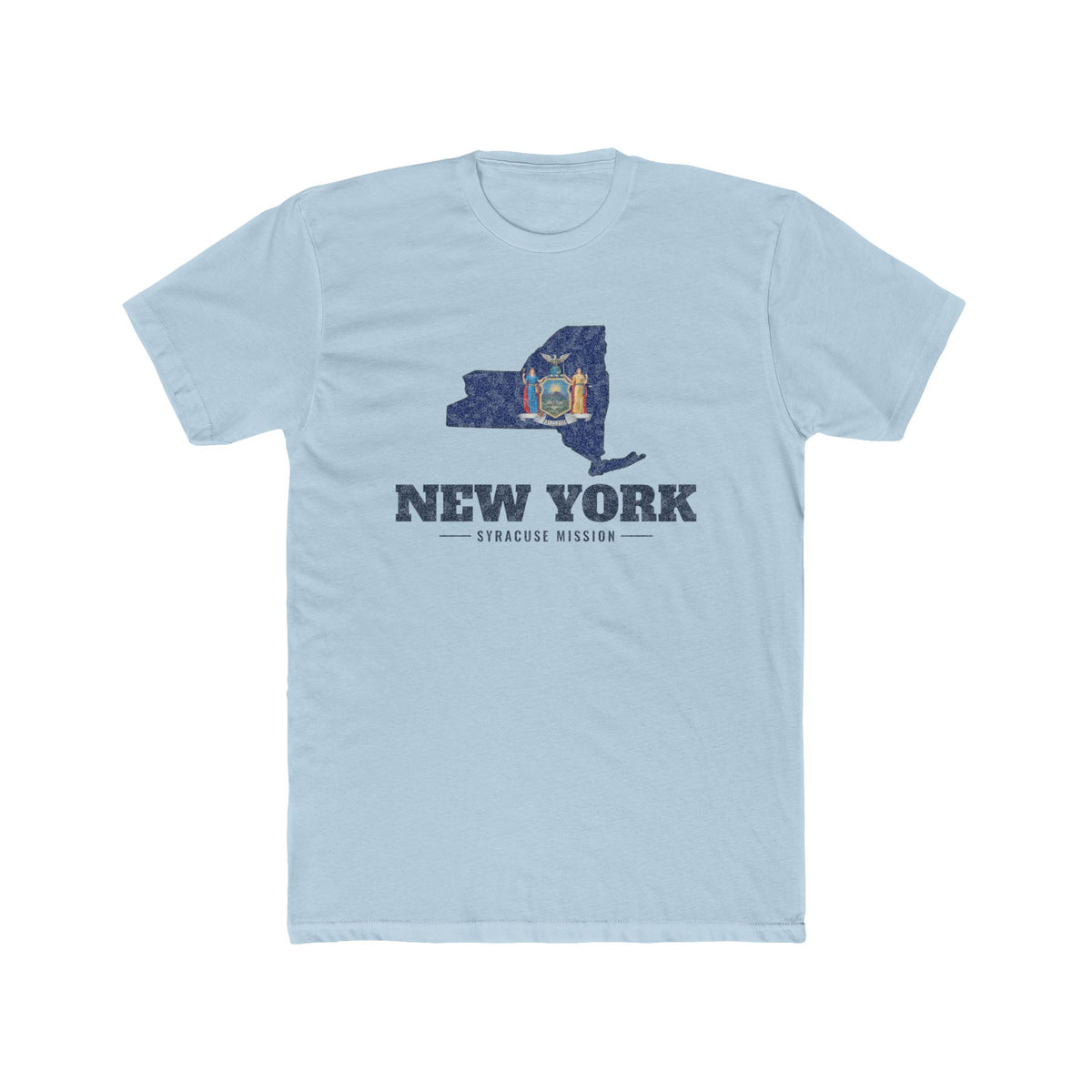 New York Syracuse Mission Flag Map shirt in Desert Pink: New York state flag in the outline of New York with navy lettering, front view