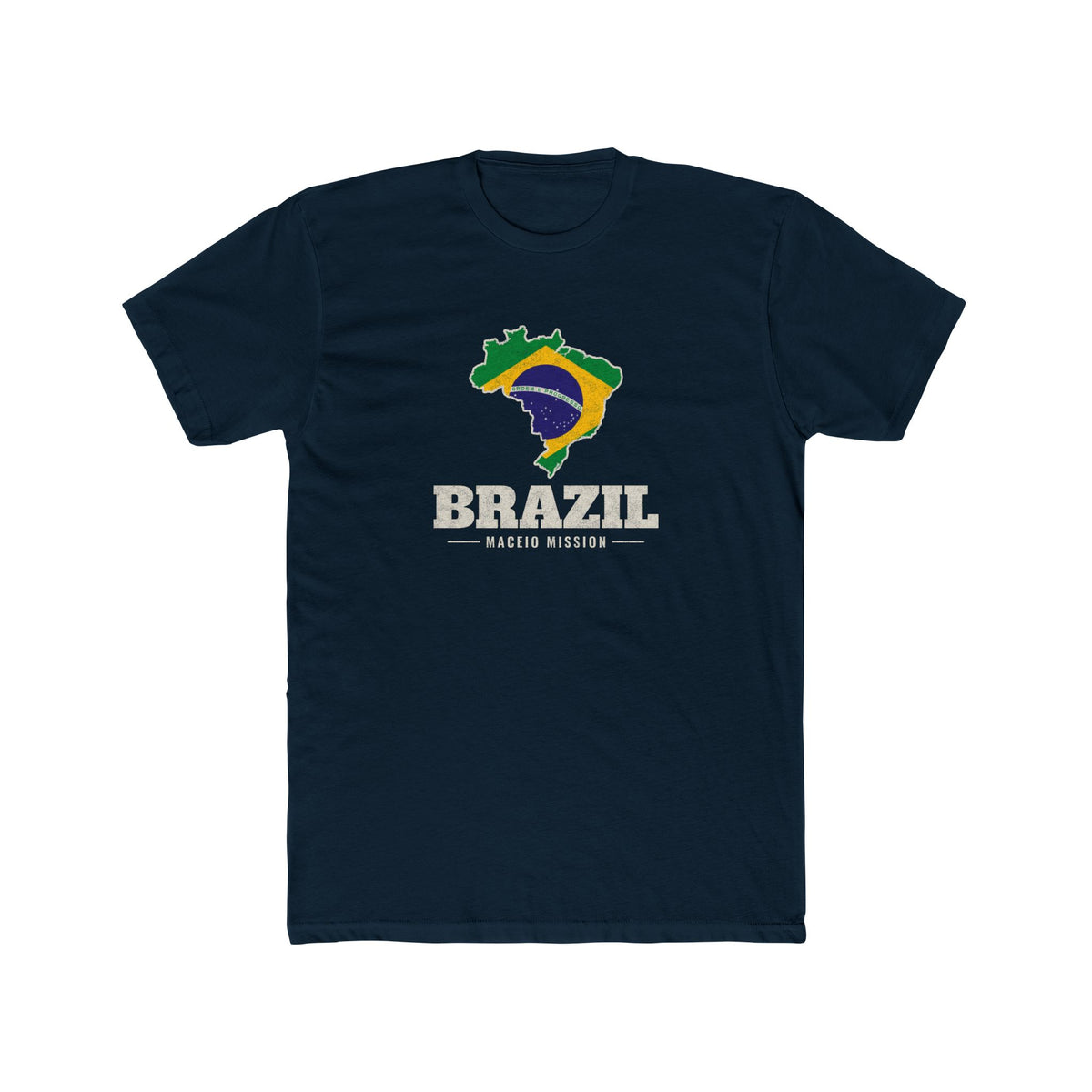 Brazil Maceio Mission Flag Map shirt in Black: flag of Brazil in the outline of Brazil with cream lettering, front view