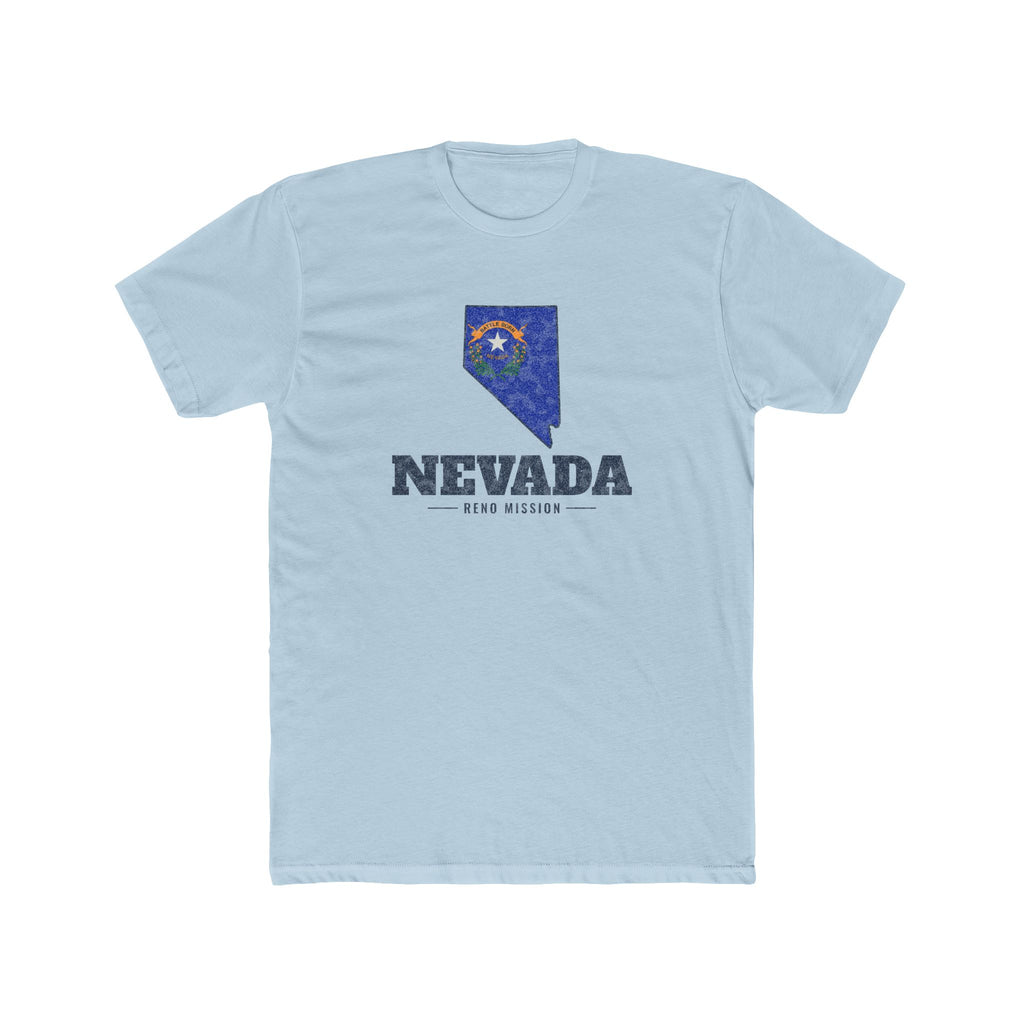 Nevada Reno Mission Flag Map shirt in Desert Pink: Nevada state flag in the outline of Nevada with navy lettering, front view